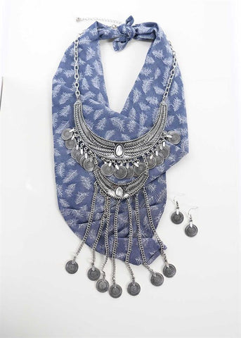 SILVER STATEMENT NECKLACE SET WITH BANDANA