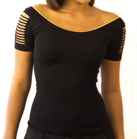 BLACK TOP WITH GOLD NECK LINING