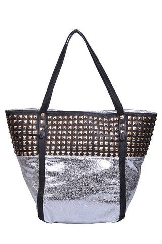 SILVER TOTE WITH GOLD STUDS